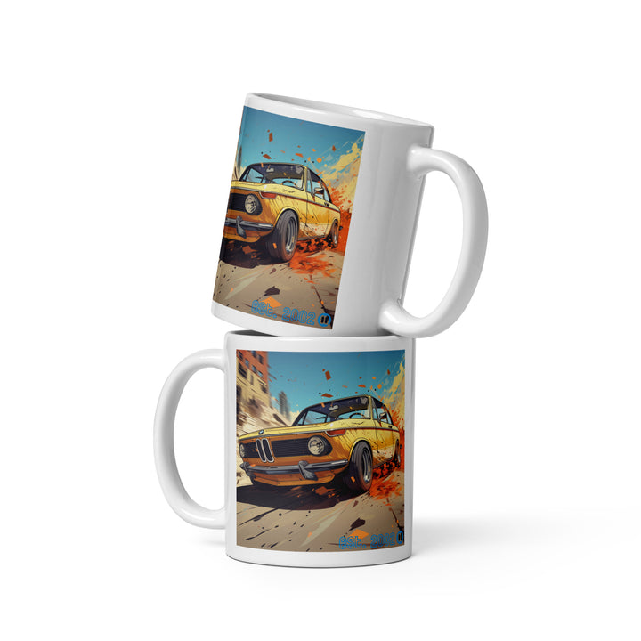 BMW 2002 Racing Through the Streets White Glossy Mug