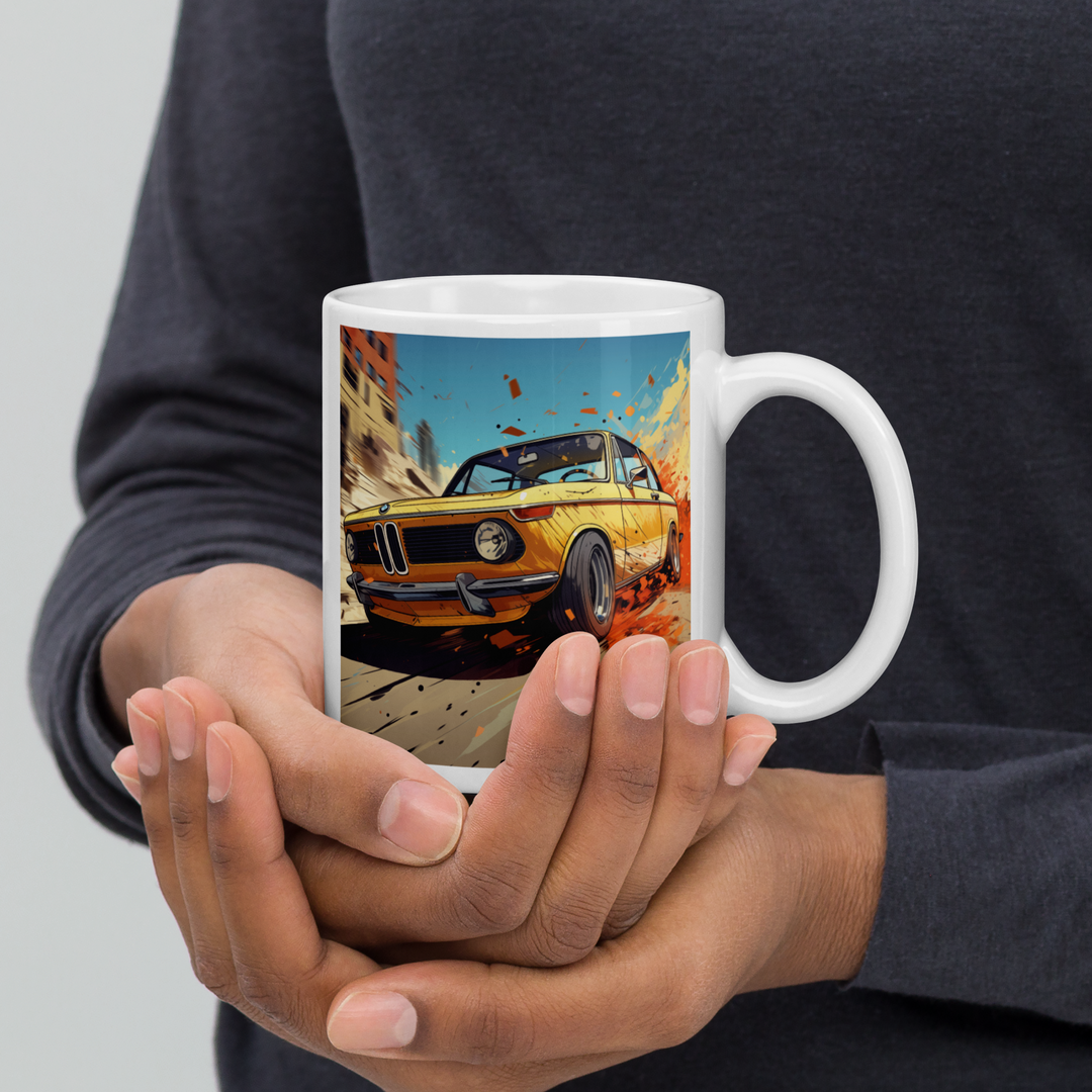 BMW 2002 Racing Through the Streets White Glossy Mug