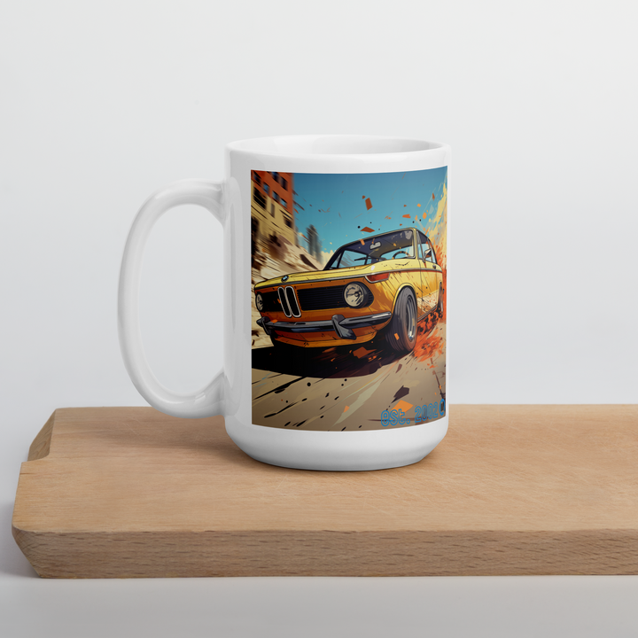 BMW 2002 Racing Through the Streets White Glossy Mug