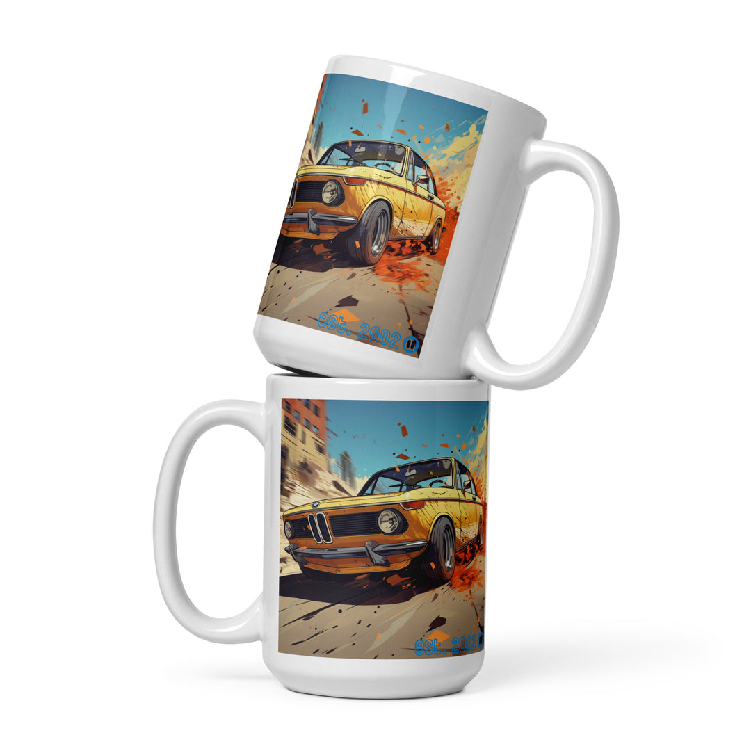 BMW 2002 Racing Through the Streets White Glossy Mug