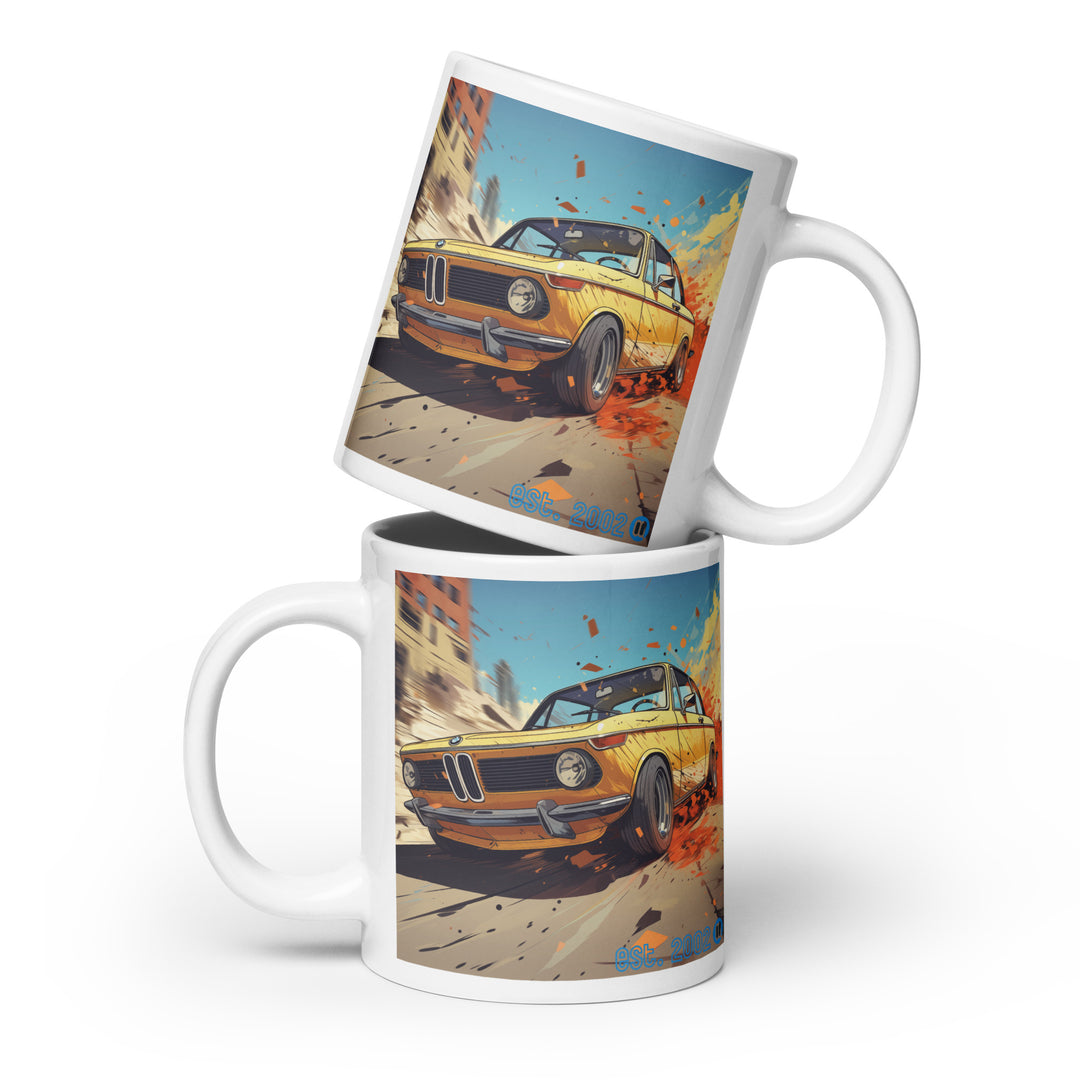 BMW 2002 Racing Through the Streets White Glossy Mug