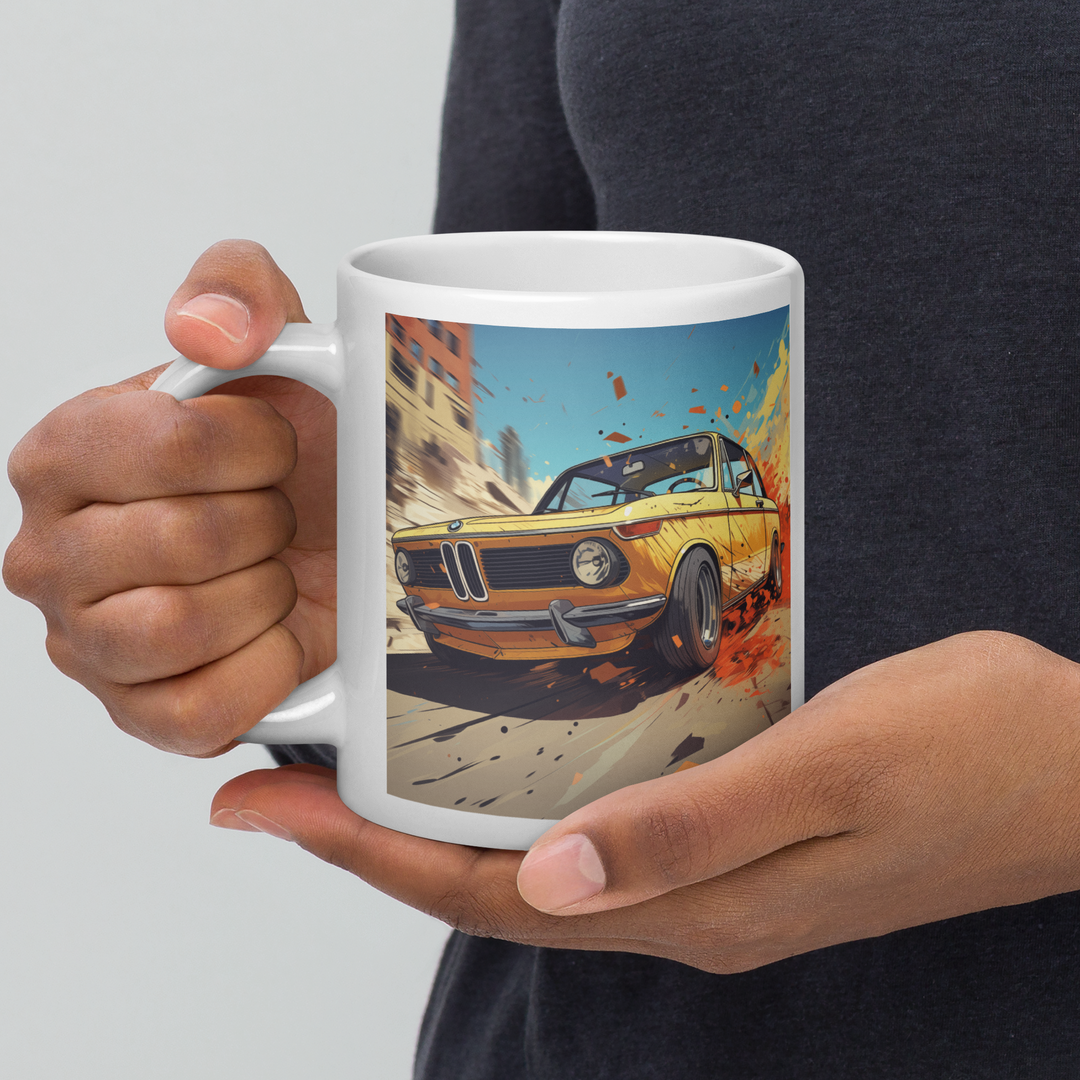 BMW 2002 Racing Through the Streets White Glossy Mug