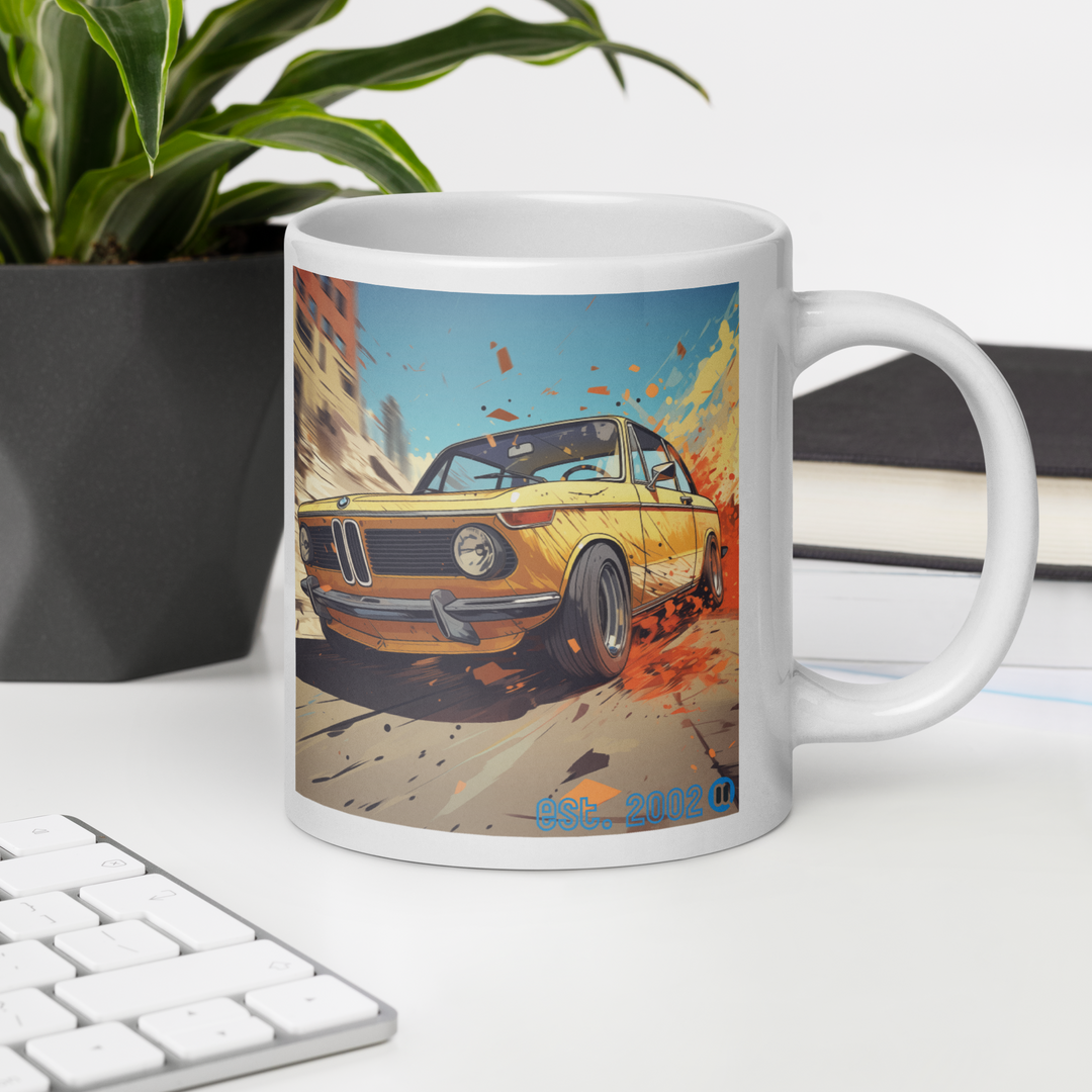 BMW 2002 Racing Through the Streets White Glossy Mug