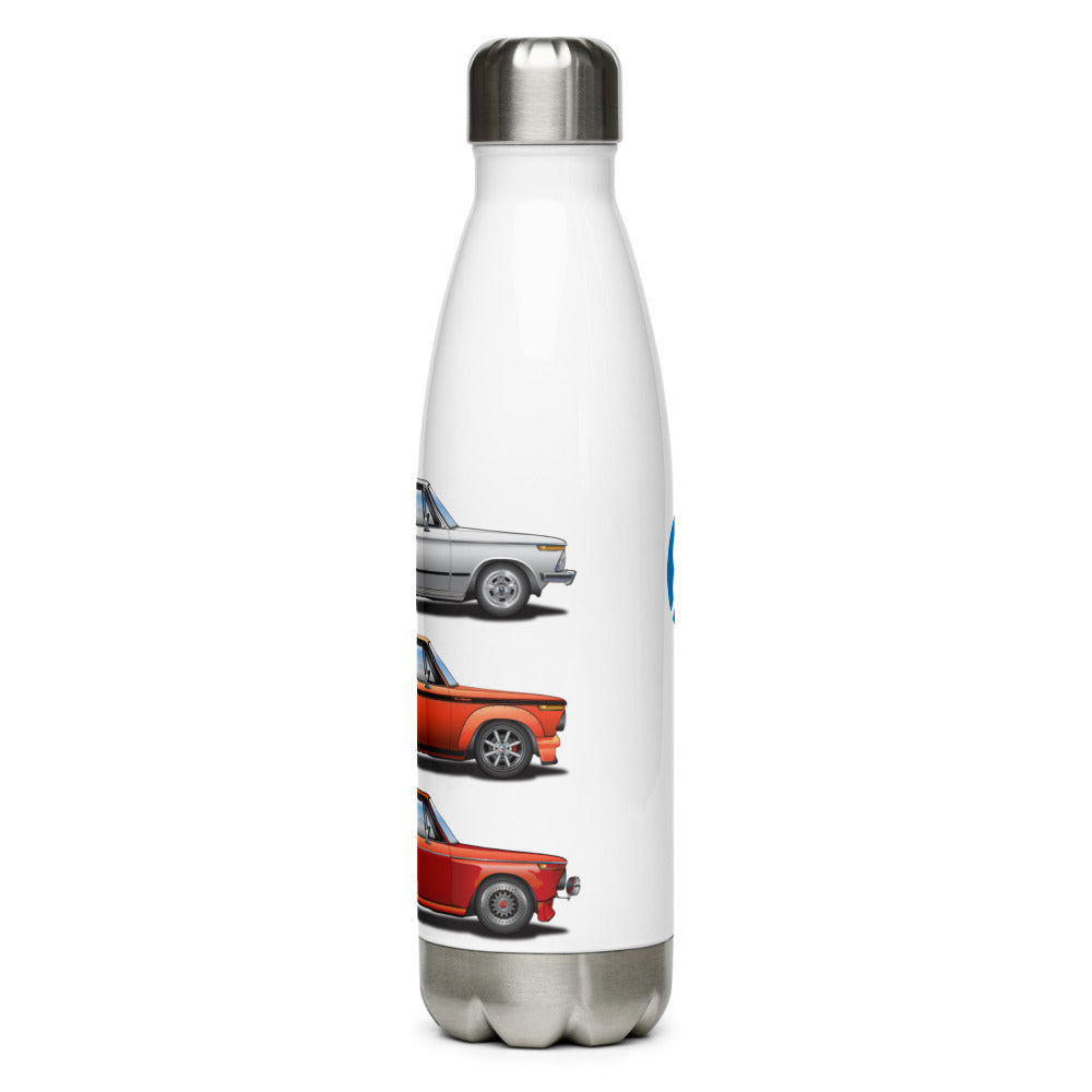 Custom BMW 2002 FAQ Water Bottle featuring Three Tourings in Unique Styles