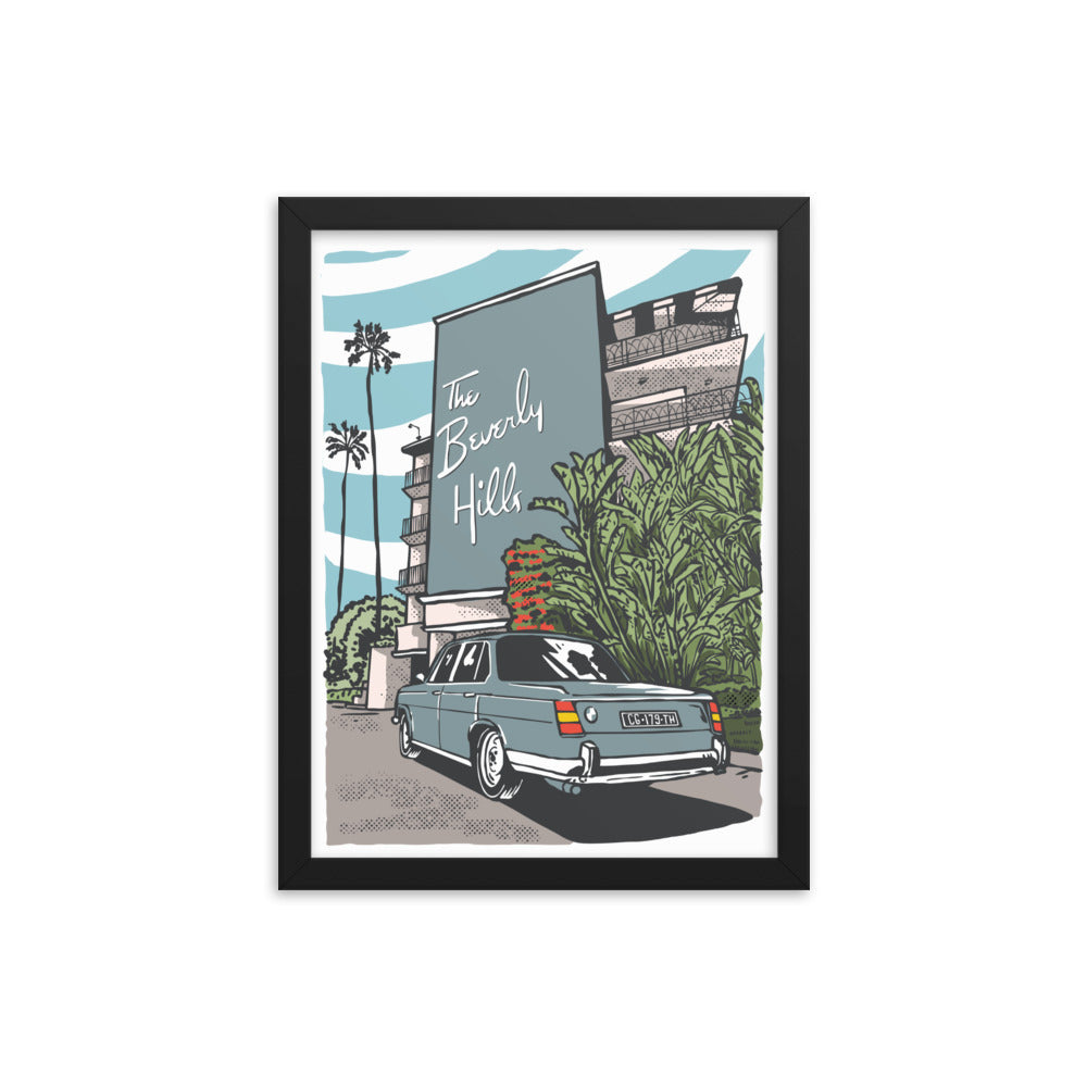 Beverly Hills Hotel BMW Neue Klasse Framed Poster - Vintage Style on Display