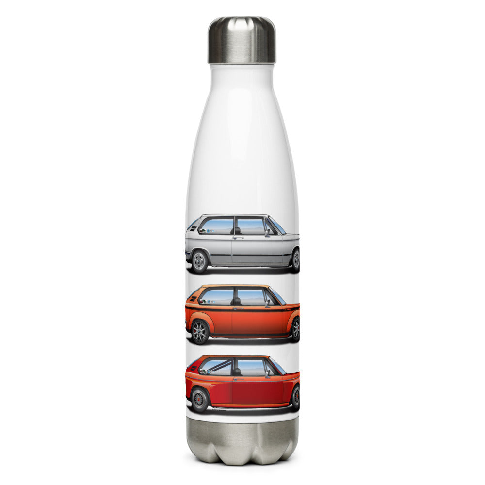 Custom BMW 2002 FAQ Water Bottle featuring Three Tourings in Unique Styles
